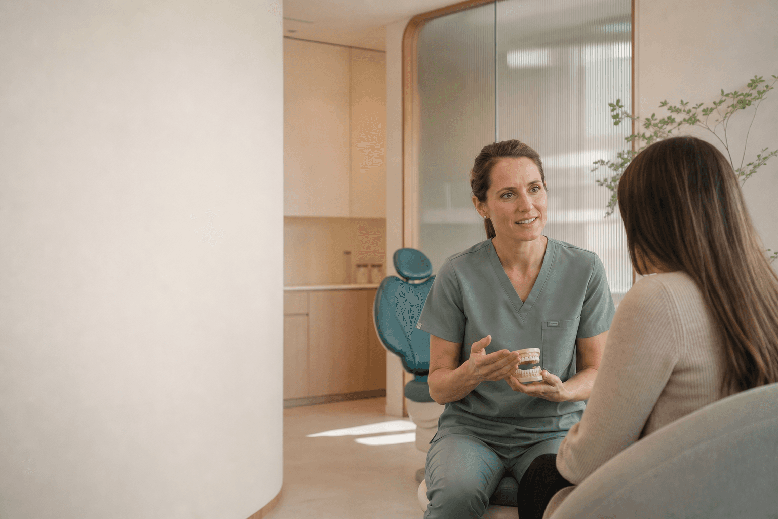 A dentist speaking with a patient in the Haven studio